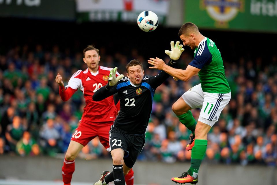 BELFAST, NORTHERN IRELAND - MAY 27: Conor Washington (R) of Northern Ireland scores during the international friendly game between Northern Ireland and Belarus on May 26, 2016 in Belfast, Northern Ireland. (Photo by Charles McQuillan/Getty Images)