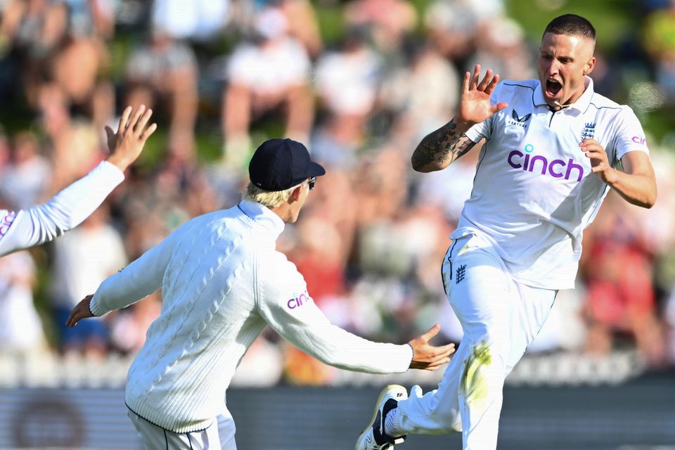 England’s Brydon Carse celebrates the wicket of New Zealand’s Daryl Mitchell (Kerry Marshall/Photosport via AP)