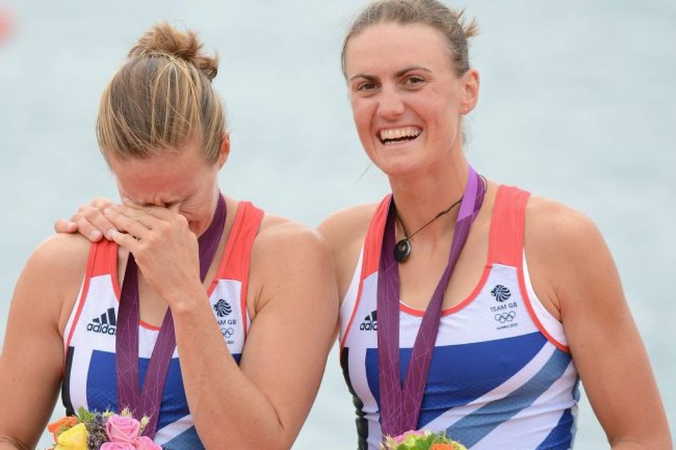 We did it - Helen Glover and Heather Stanning of Great Britain celebrate with their gold medals during the medal ceremony after the Women's Pair Final