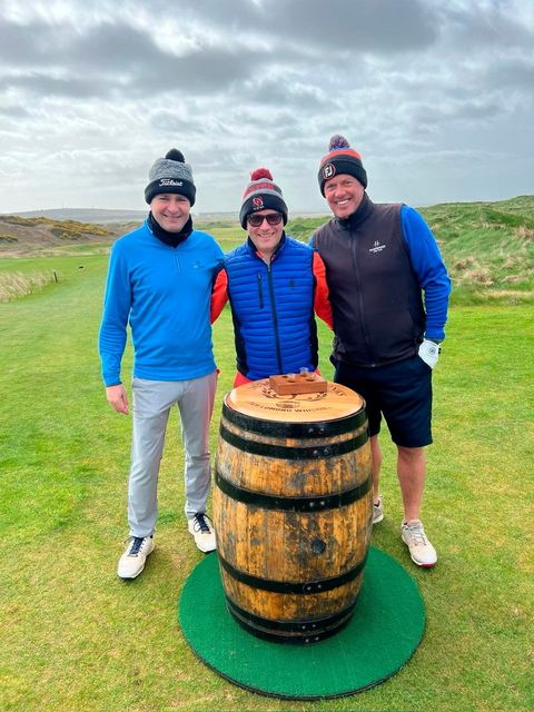 Chris, Gareth and David with a welcome whisky on the first tee at Dumbarnie