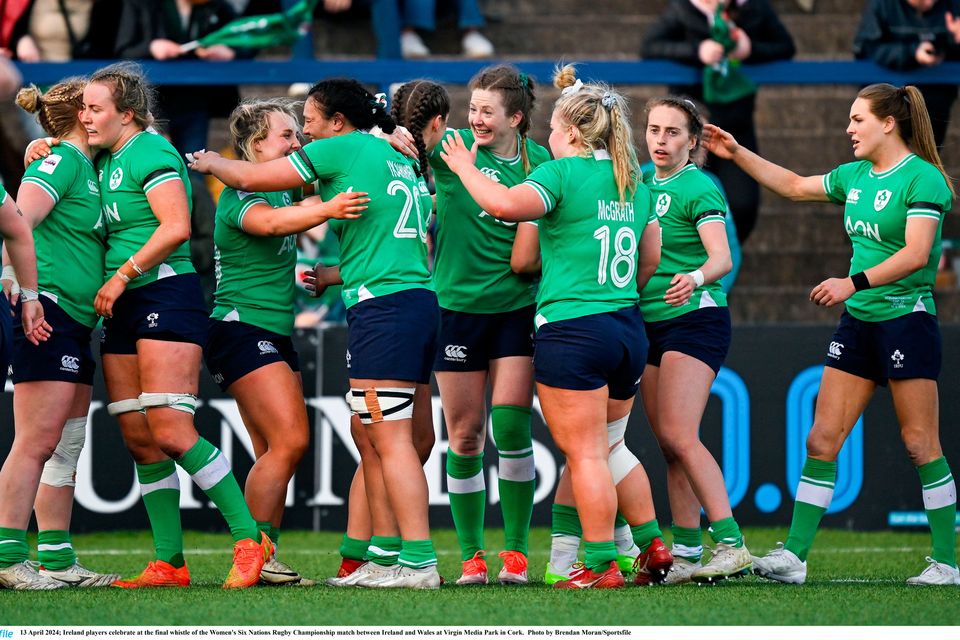 Ireland celebrate at the final whistle following their Six Nations victory over Wales at Virgin Media Park, Cork.  Photo: Brendan Moran/Sportsfile