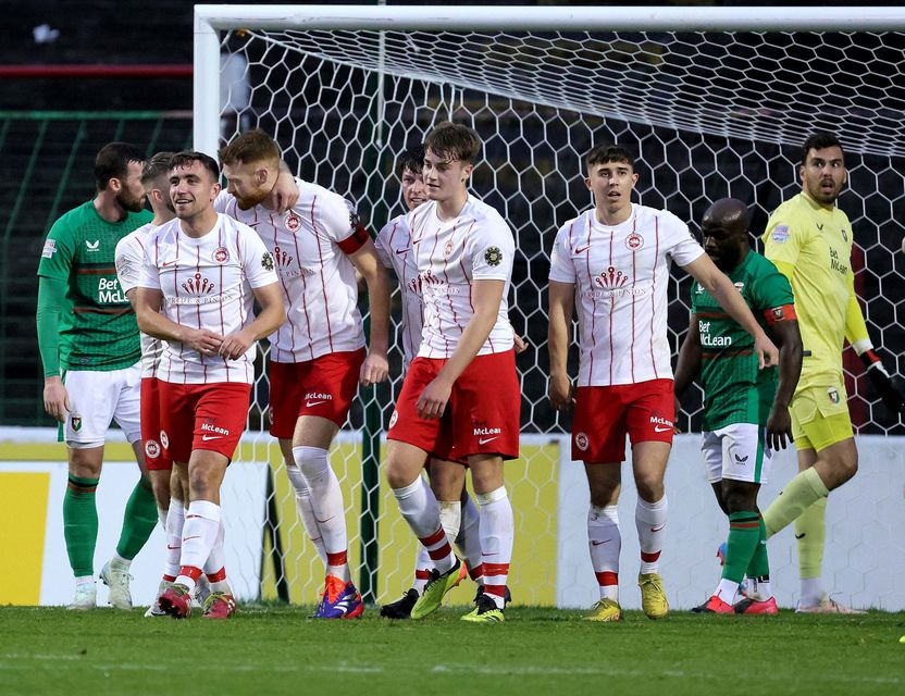 Larne's Cian Bolger celebrates his goal at The Oval