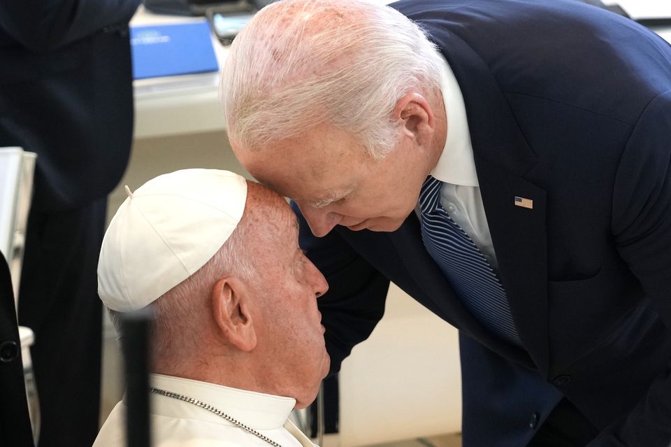 US President Joe Biden (right) welcomes Pope Francis ahead of a working session on Artificial Intelligence (AI), Energy, Africa-Mediterranean, during the G7 leaders’ summit at the Borgo Egnazia resort, in Puglia, Apulia, Italy (Christopher Furlong/PA)