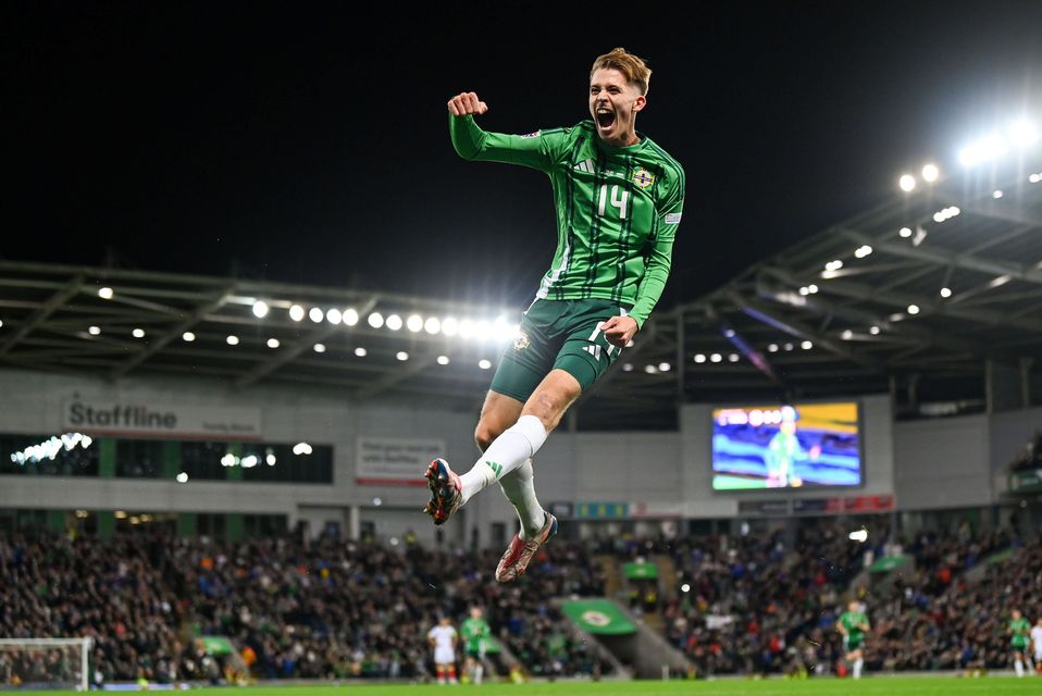 Isaac Price celebrates scoring for Northern Ireland in their 5-0 victory over Bulgaria