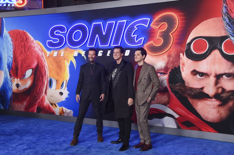 Keanu Reeves, from left, Jim Carrey and Ben Schwartz at the premiere of Sonic The Hedgehog 3 at TCL Chinese Theatre in Los Angeles (Richard Shotwell/Invision/AP)