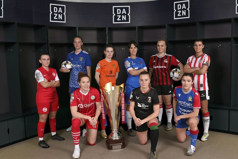 Players from around the Sports Direct Women's Premiership at the launch of their new broadcast deal with DAZN