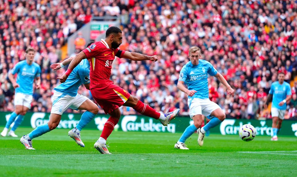 Liverpool's Mohamed Salah shoots towards goal against Nottingham Forest. Pic: Peter Byrne/PA Wire.