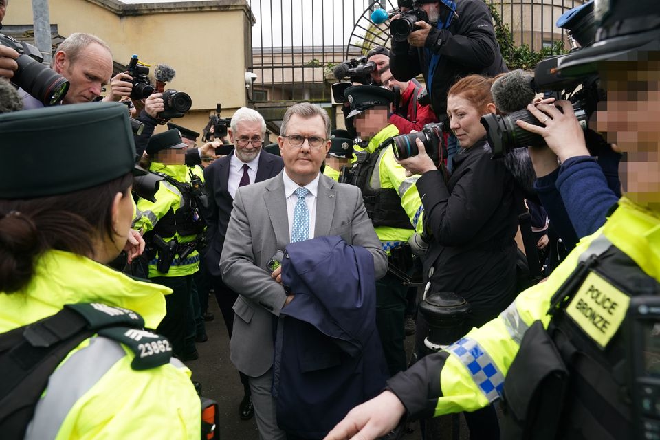 Former DUP leader Sir Jeffrey Donaldson leaves Newry Magistrates’ Court in April, after being released on continuing bail on a number of historical sex charges, including one count of rape (Brian Lawless/PA)