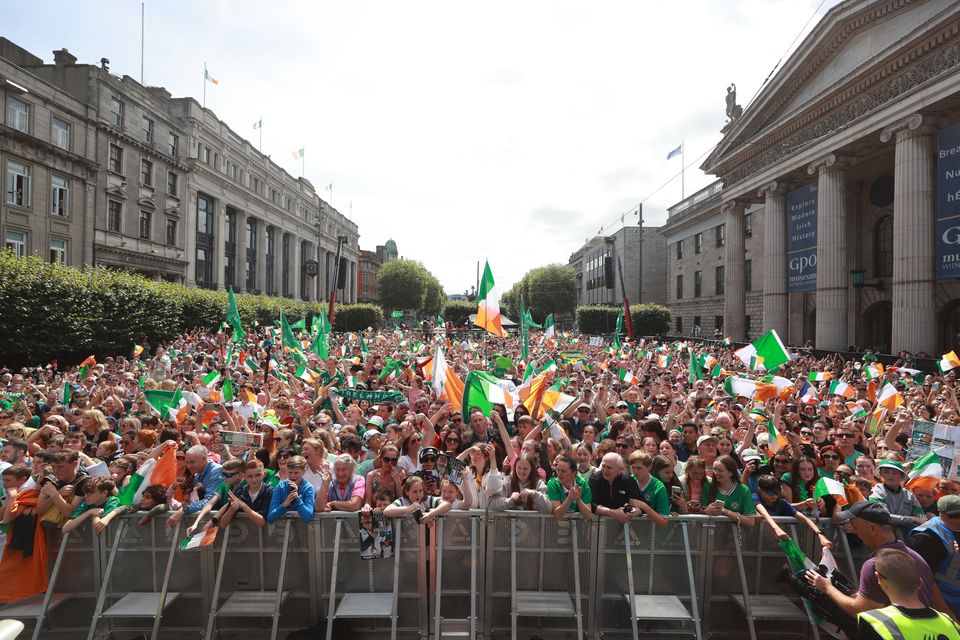 Crowds on O’Connell Street in Dublin, ahead of a homecoming event for Irish Olympic athletes returning from the Paris 2024 Olympic Games (Liam McBurney/PA)