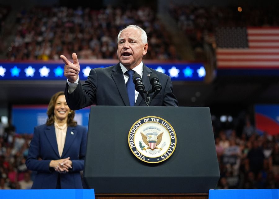 PHILADELPHIA, PENNSYLVANIA - AUGUST 6: Democratic vice presidential candidate Minnesota Gov. Tim Walz speaks during a campaign rally with Democratic presidential candidate, U.S. Vice President Kamala Harris at Girard College on August 6, 2024 in Philadelphia, Pennsylvania. Harris ended weeks of speculation about who her running mate would be, selecting the 60-year-old midwestern governor over other candidates. (Photo by Andrew Harnik/Getty Images)