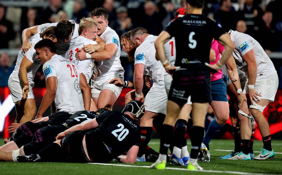 Ulster’s David Shanahan celebrates scoring a late try to clinch a dramatic victory over Glasgow