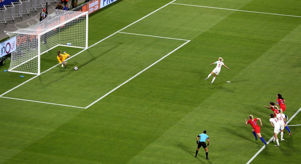 Naeher saves Steph Houghton’s penalty in the 2019 World Cup semi-finals (Richard Sellers/PA)