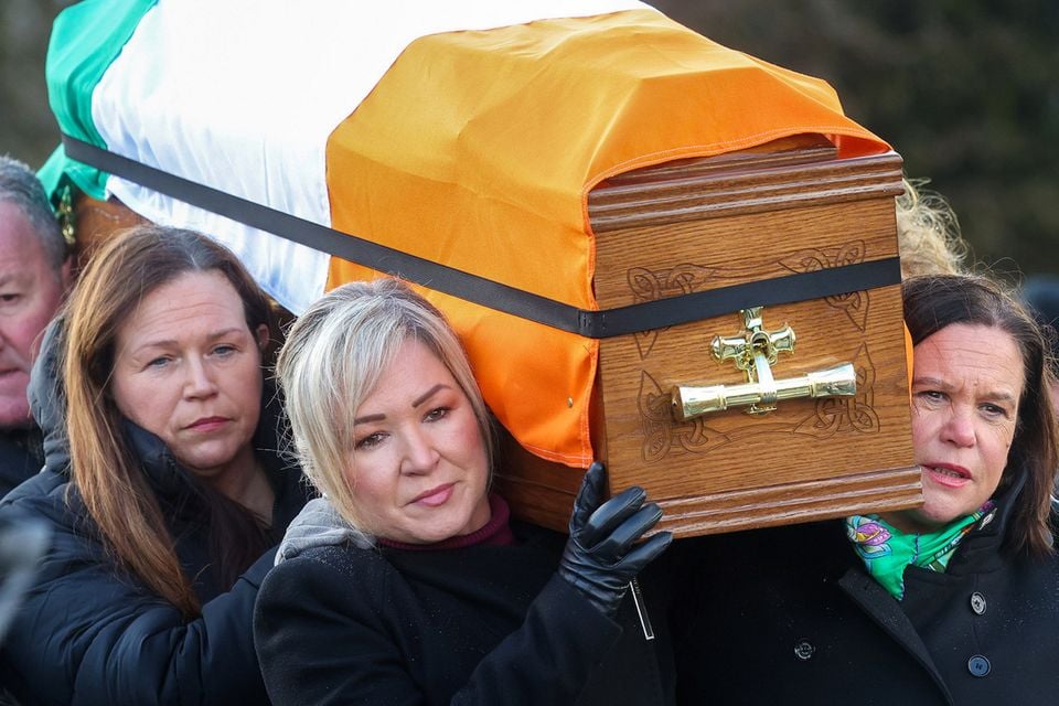 Sinn Fein's Michelle O’Neill and Mary Lou McDonald carry Ted Howell's coffin