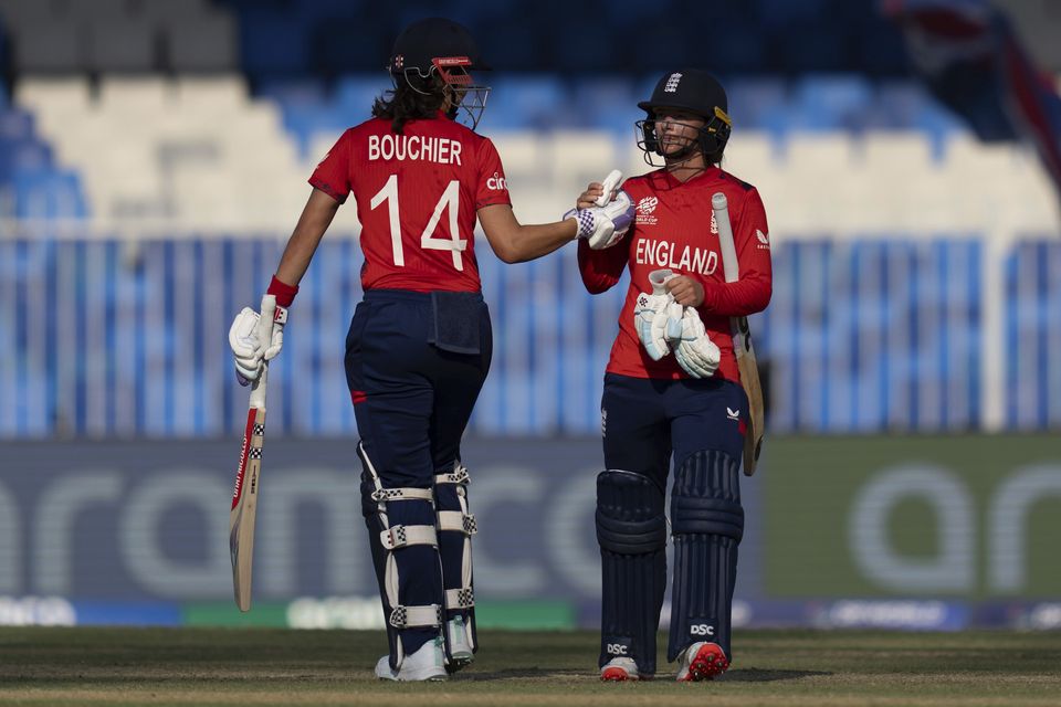 Maia Bouchier, left, and Danni Wyatt-Hodge took only 10 overs to get England to a target of 110 (Altaf Qadri/AP)