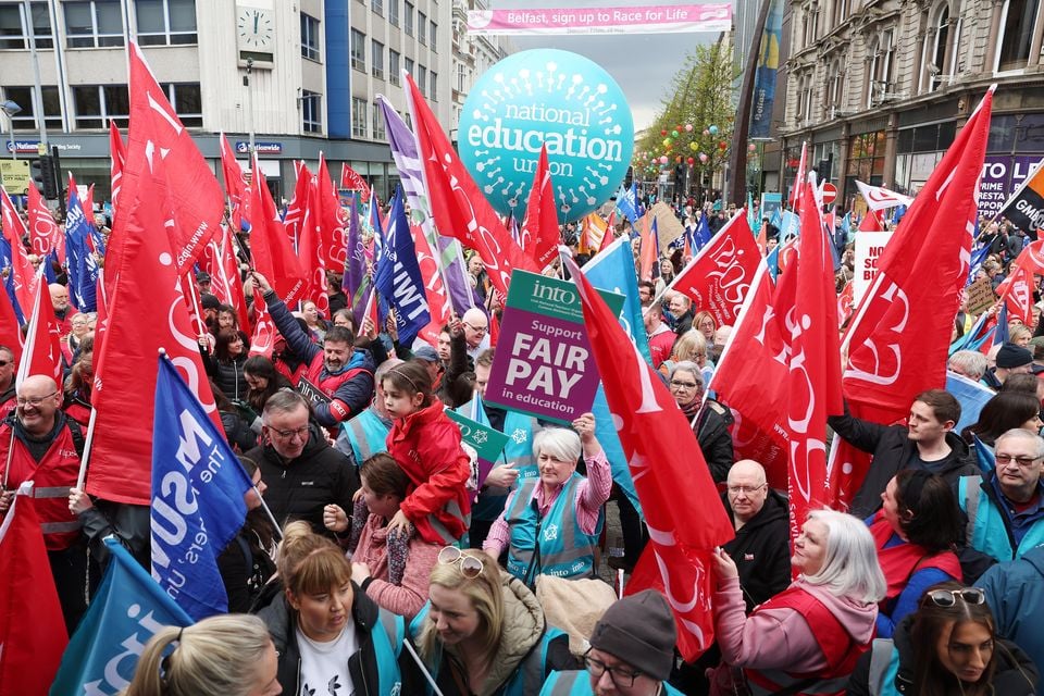 Members of Northern Ireland teaching unions and other public sector workers gathered at Belfast City Hall last year. Image: Jonathan Porter / Press Eye