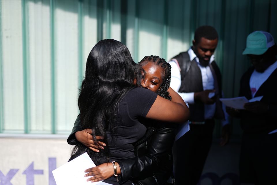 There were hugs all round as students, like these ones at Ark Globe Academy in south-east London, received their A-level results (Jordan Pettitt/PA)