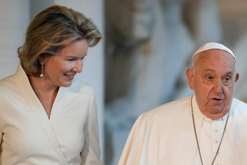 Pope Francis meets King Philippe and Queen Mathilde in the Castle of Laeken, Brussels (Andrew Medichini/AP)