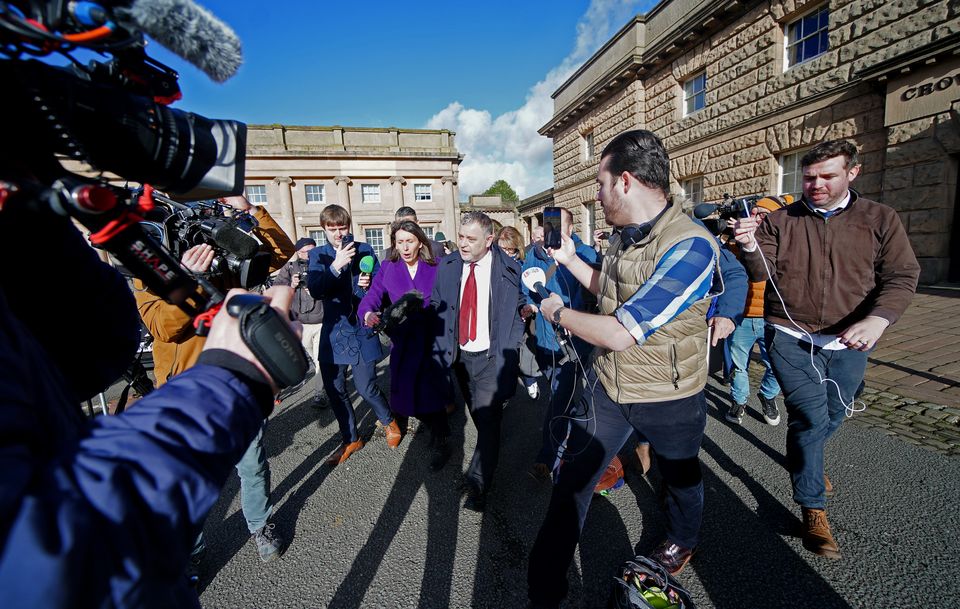 Mike Amesbury was surrounded by media as he walked free from Chester Crown Court (Peter Byrne/PA)