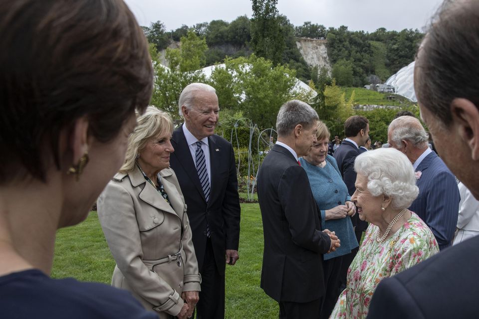 Queen Elizabeth II speaks to US President Joe Biden and his wife Jill at a reception at the Eden Project (Jack Hill/The Times/PA)