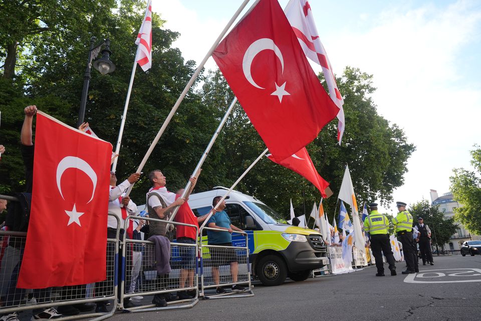 Pro-Turkey protesters outside the embassy (Lucy North/PA)