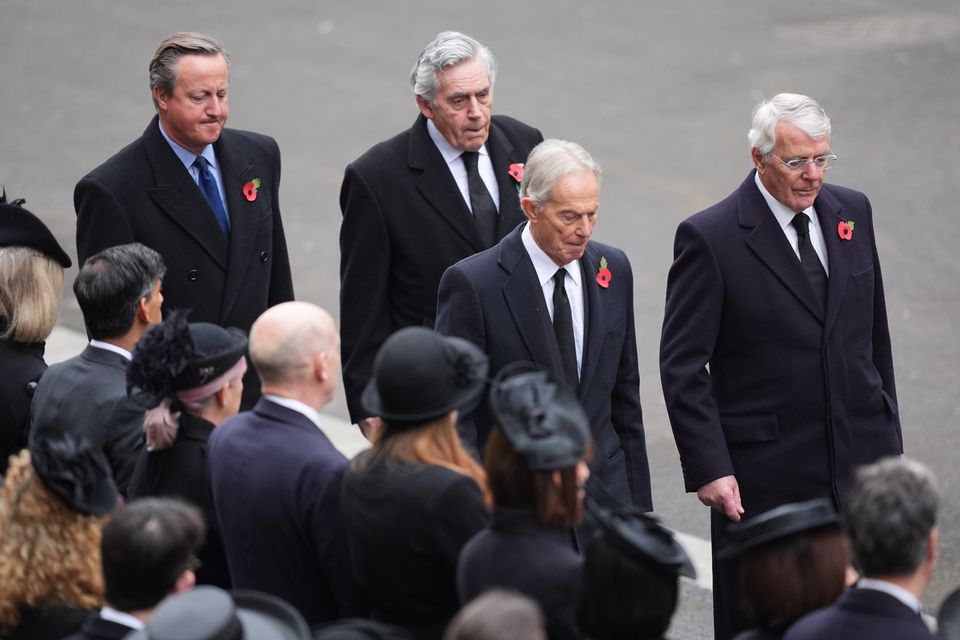 Left to right, former prime ministers Lord David Cameron, Gordon Brown, Sir Tony Blair and Sir John Major during the Remembrance Sunday service (James Manning/PA)