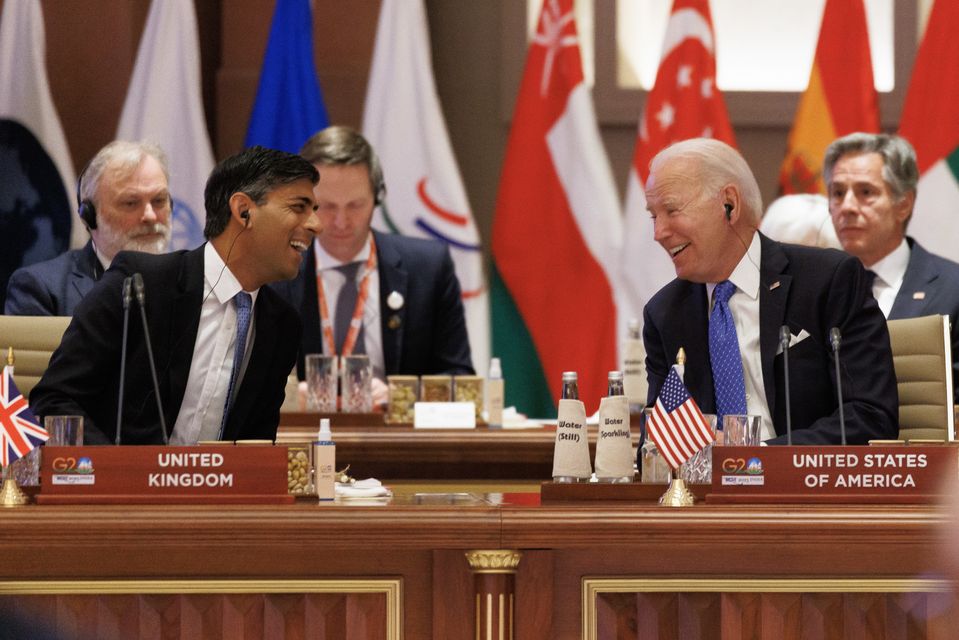 Prime Minister Rishi Sunak speaks to US President Joe Biden during the G20 Summit in New Delhi, India (Dan Kitwood/PA)