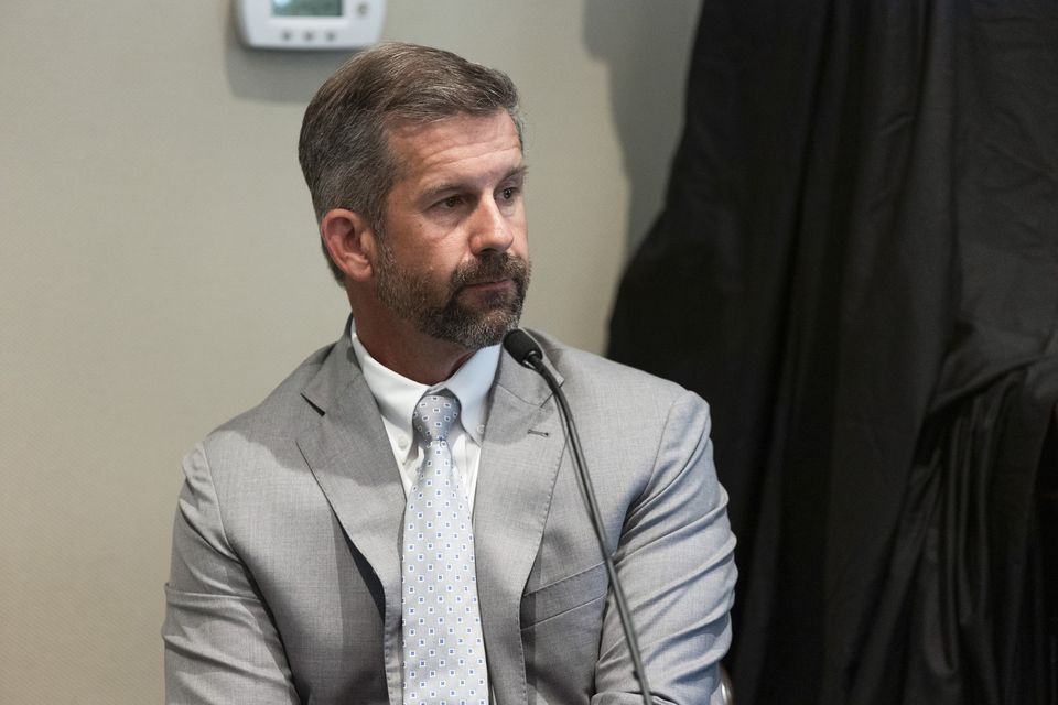 Mark Tinsley, lawyer for Mallory Beach’s family, answers questions during Alex Murdaugh’s double murder trial in South Carolina in February 2023 (Joshua Boucher/The State via AP)