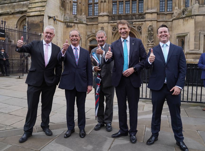 Reform UK’s five MPs, from left, Lee Anderson, Nigel Farage, Rupert Lowe, Richard Tice and James McMurdock (Maja Smiejkowska/PA)