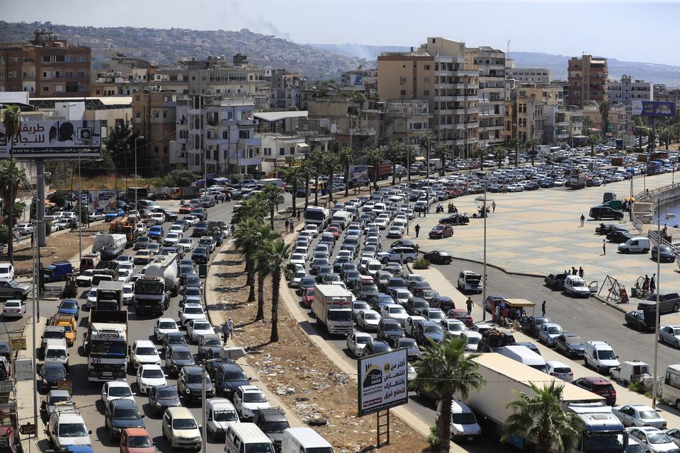 Cars sit in traffic as they flee the southern villages amid ongoing Israeli airstrikes, in Sidon, Lebanon (Mohammed Zaatari/AP)