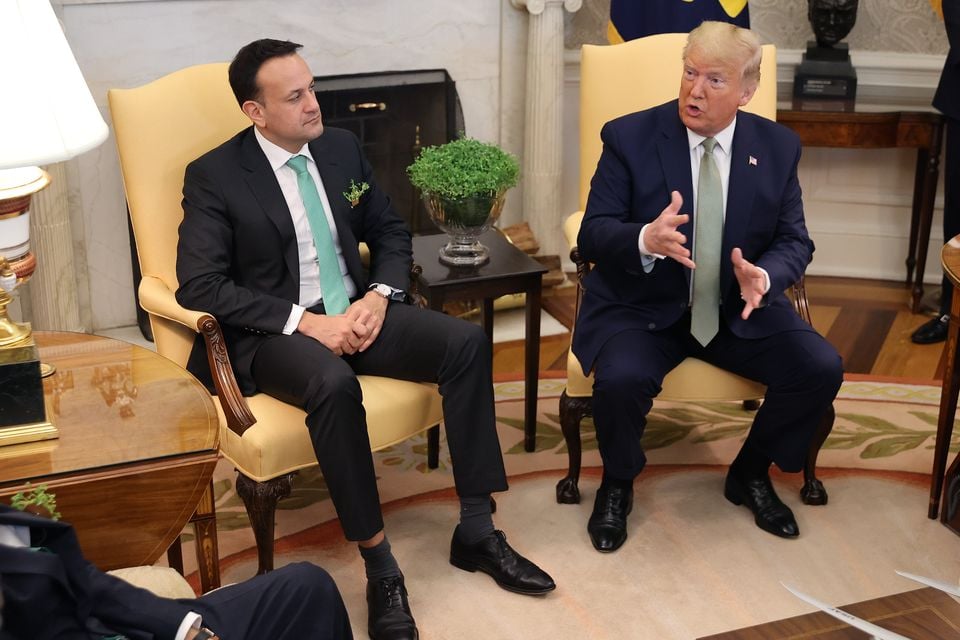 Donald Trump and Taoiseach Leo Varadkar talk to journalists during St Patrick's Day celebrations in the White House in 2020 during the president's first term in office  (Photo by Chip Somodevilla/Getty Images)