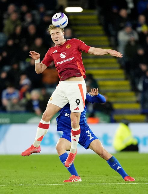 Rasmus Hojlund battles for the ball during the win at Leicester (Martin Rickett/PA)