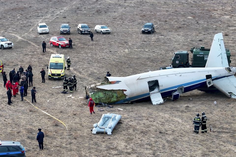 The wreckage of Azerbaijan Airlines Embraer 190 lays on the ground near the airport of Aktau, Kazakhstan (Azamat Sarsenbayev/AP)