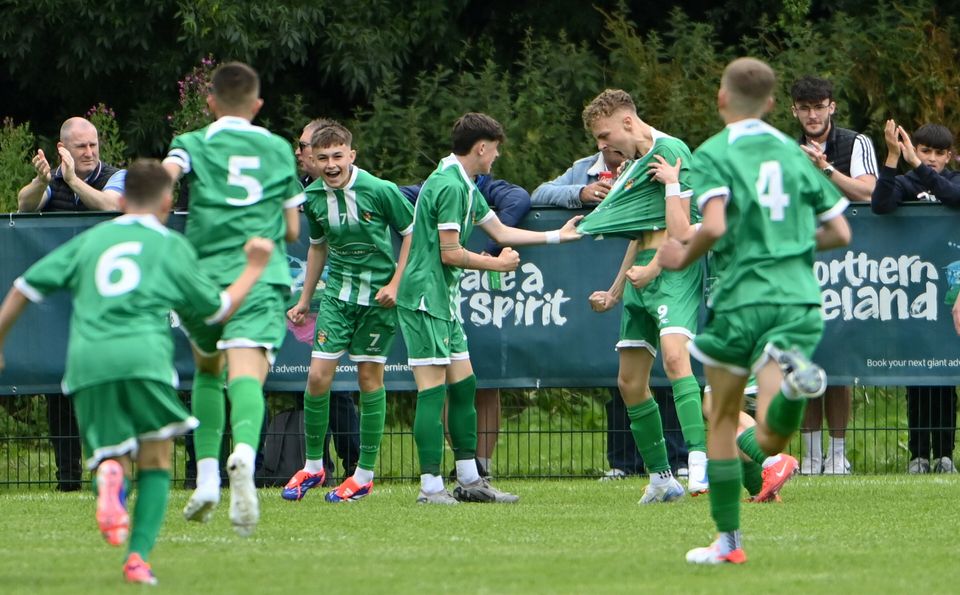 Fermanagh players celebrate a goal against Rangers