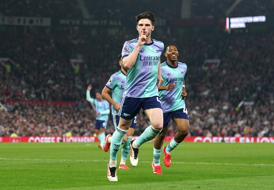 Declan Rice shushes the Manchester United fans after scoring Arsenal’s equaliser (Martin Rickett/PA)