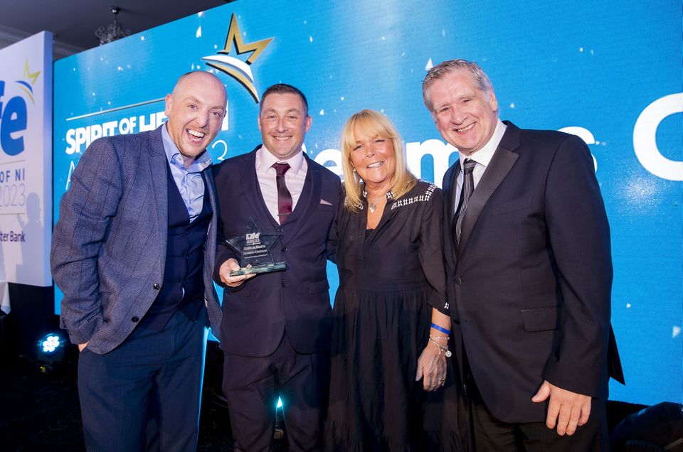 Seamus at last year's awards show with, from left, Kieran McCormick from Balmoral Healthcare, Dan Gordon and Linda Robson (Photo by Kevin Scott for Sunday Life)