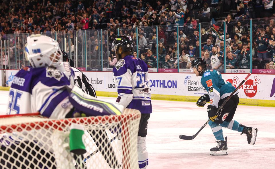 Bobo Carpenter wheels away after his goal for the Belfast Giants against the Manchester Storm