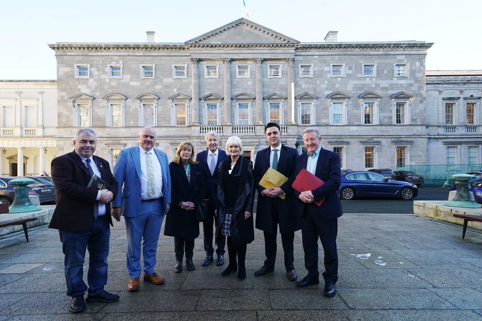 (Left to right) Kevin ‘Boxer’ Moran, Noel Grealish, Gillian Toole, Michael Lowry, Marian Harkin, Barry Heneghan and Sean Canney at Leinster House (Brian Lawless/PA)