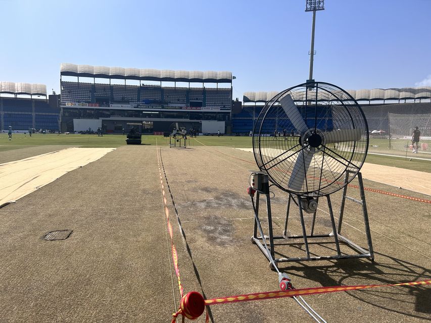 Industrial fans on the pitch at the Multan Cricket Stadium (Rory Dollard/PA)