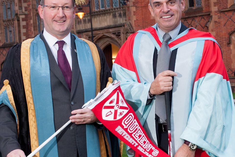 One of the one of the greatest Ryder Cup captains of all time is to be honoured at Queens University today (Thursday 10 December 2015).
Paul McGinley will be presented with the degree of Doctor of the University in recognition of his distinction in sport
Photographed with Paul is Professor Patrick JohnstonVice-Chancellor
