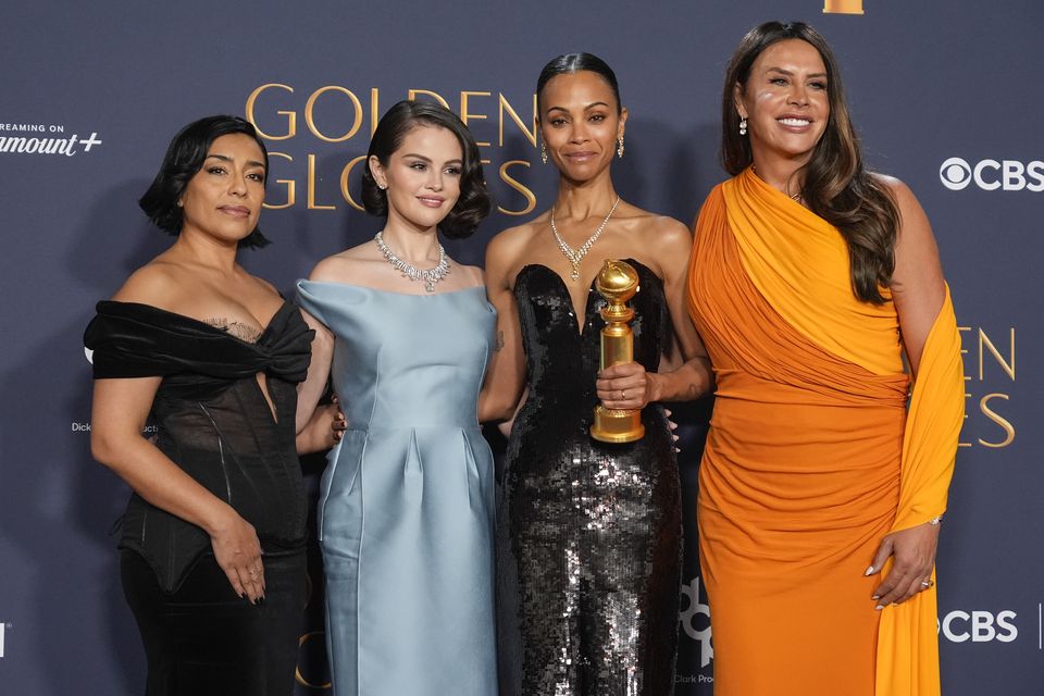 Adriana Paz, Selena Gomez, Zoe Saldana and Karla Sofia Gascon in the press room at the Beverly Hilton in Beverly Hills, California (Chris Pizzello/AP)