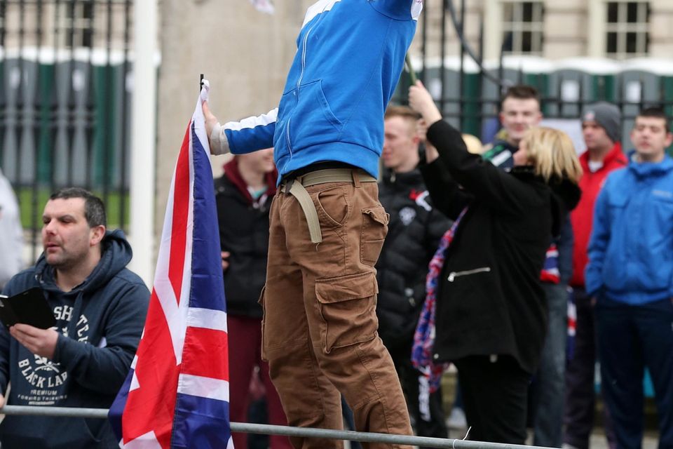 Loyalist protester at Belfast City Hall after the St Patrick's Day Carnival parade in Belfast city centre. Picture by Press Eye