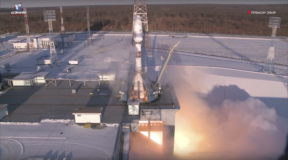 A Soyuz rocket lifts off from a launch site in Vostochny, far eastern Russia, carrying satellites, including two built by Iran (Roscosmos/AP)