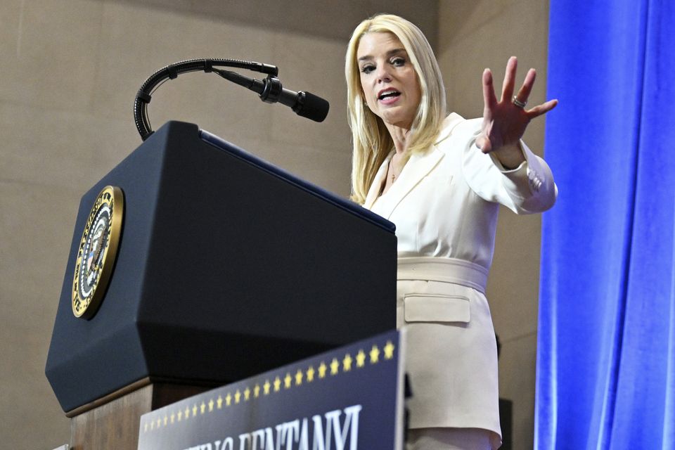 Attorney general Pam Bondi speaks before President Donald Trump at the Justice Department (Pool/AP)