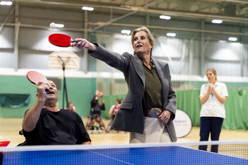 The duchess plays table tennis during a visit to Stoke Mandeville Stadium (Jordan Pettitt/PA)