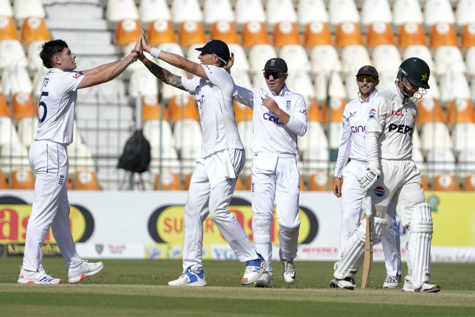 Matthew Potts ended a fine third-wicket stand for Pakistan just before tea (K.M. Chaudary/AP)