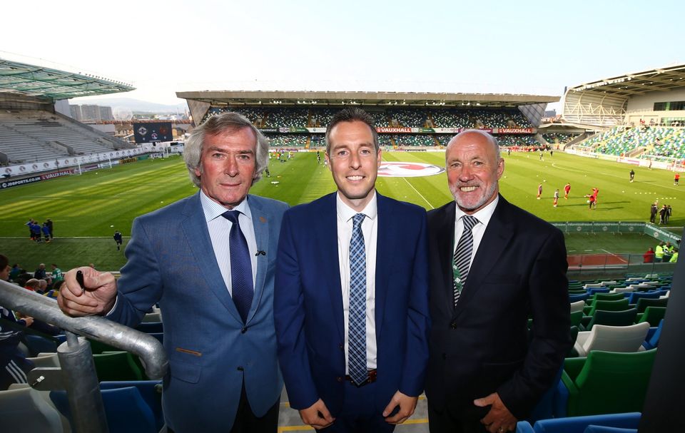 Press Eye - Belfast -  Northern Ireland - 27th May 2016 - Photo by William Cherry

Sports Minister Paul Givan MLA pictured at the National Stadium, Windsor Park with Northern Ireland Legends Pat Jennings and Sammy McIlroy. The Minister wished the Northern Ireland team every success as they continue their preparations for the European Championship Finals in France.