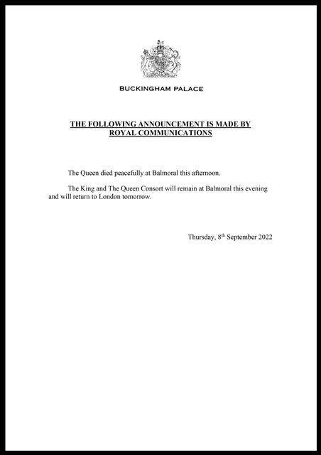 The announcement confirming the death of the Queen (Buckingham Palace/PA)