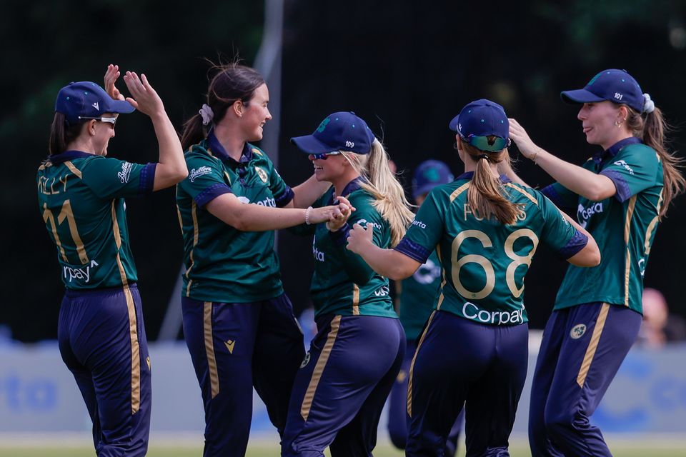 Ireland’s Freya Sargent celebrates after taking a catch during her side's victory over Sri Lanka