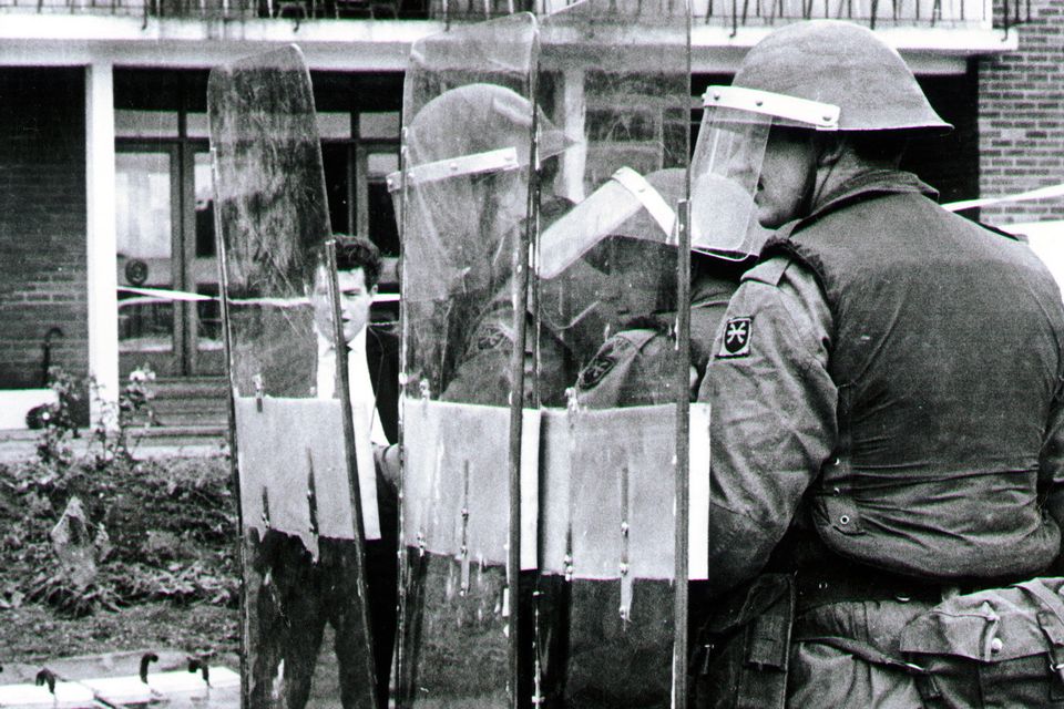 Army riot shield. Men of the 1st Battalion King's Own Scottish Borderers with the latest item of riot equipment to be brought into use in Northern Ireland. 15/07/70