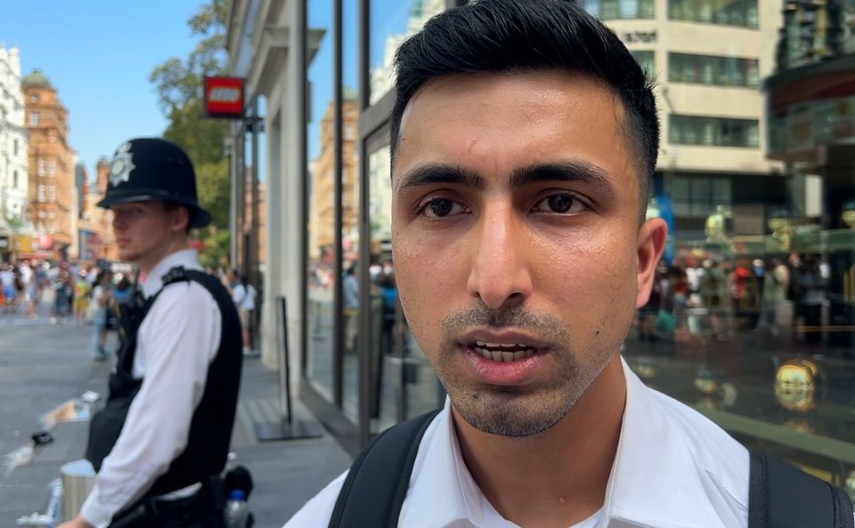 Security guard Abdullah, 29, who works at TWG Tea shop at the scene in Leicester Square, London (Eleanor Cunningham/PA)